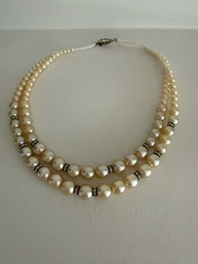 Classic Ivory Pearl Double Strand Necklace with Rhinestone Spacers